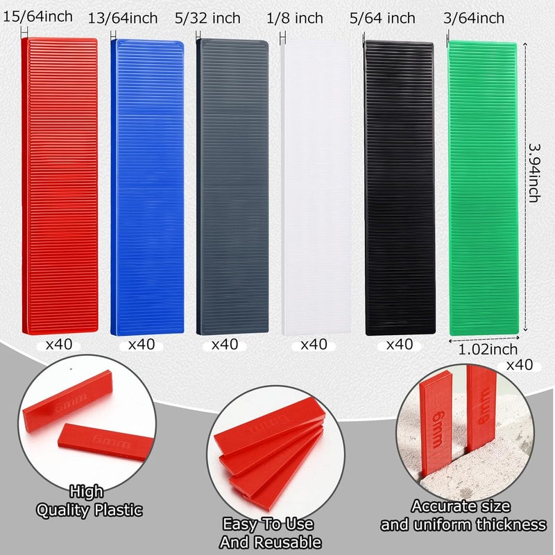 Konohan 240 Pcs Plastic Flat Shims Structural Tile Plastic Shims for Leveling, 3/64, 5/64, 1/8, 5/32, 13/64, 15/64, Green, Black, White, Grey, Blue, Red - Image 2